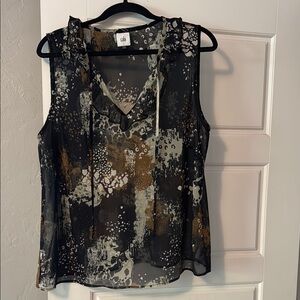 Cabi Black and Gold Sleeveless Blouse with Tie Front